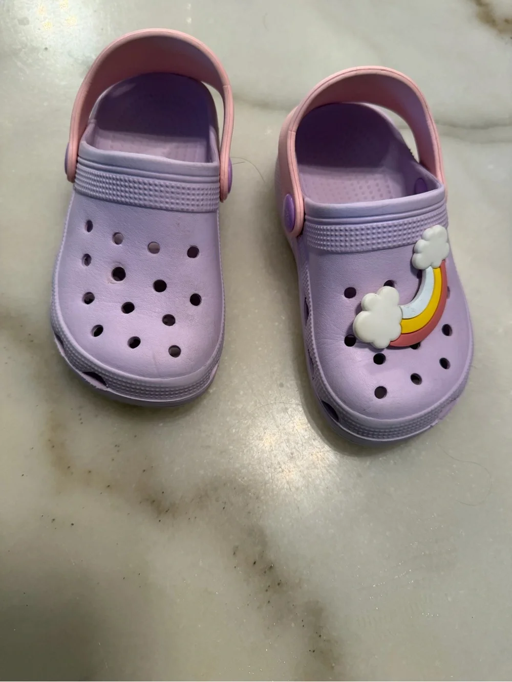 Kids Lavender Clog Sandals with Pink Heel Strap and Rainbow Charm